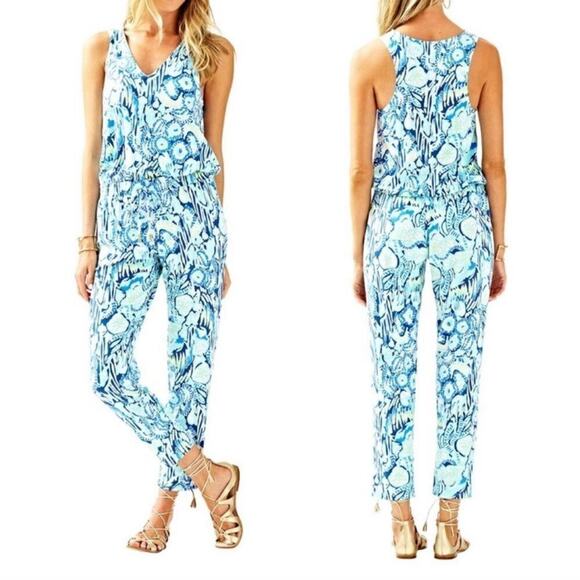 Lilly Pulitzer Paulina Jumpsuit V Neck Racer Back Stretch Knit Blue Size XS - Picture 1 of 7